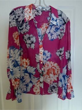 Milly Magenta Floral Sheer Button-Down Blouse